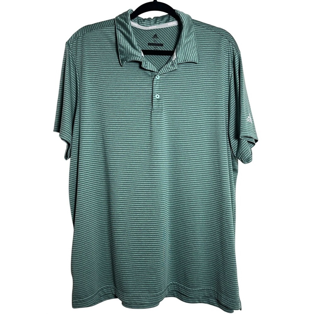 Adidas Golf Mens XL Green Striped Short Sleeve Performance Polo Shirt - Picture 1 of 7